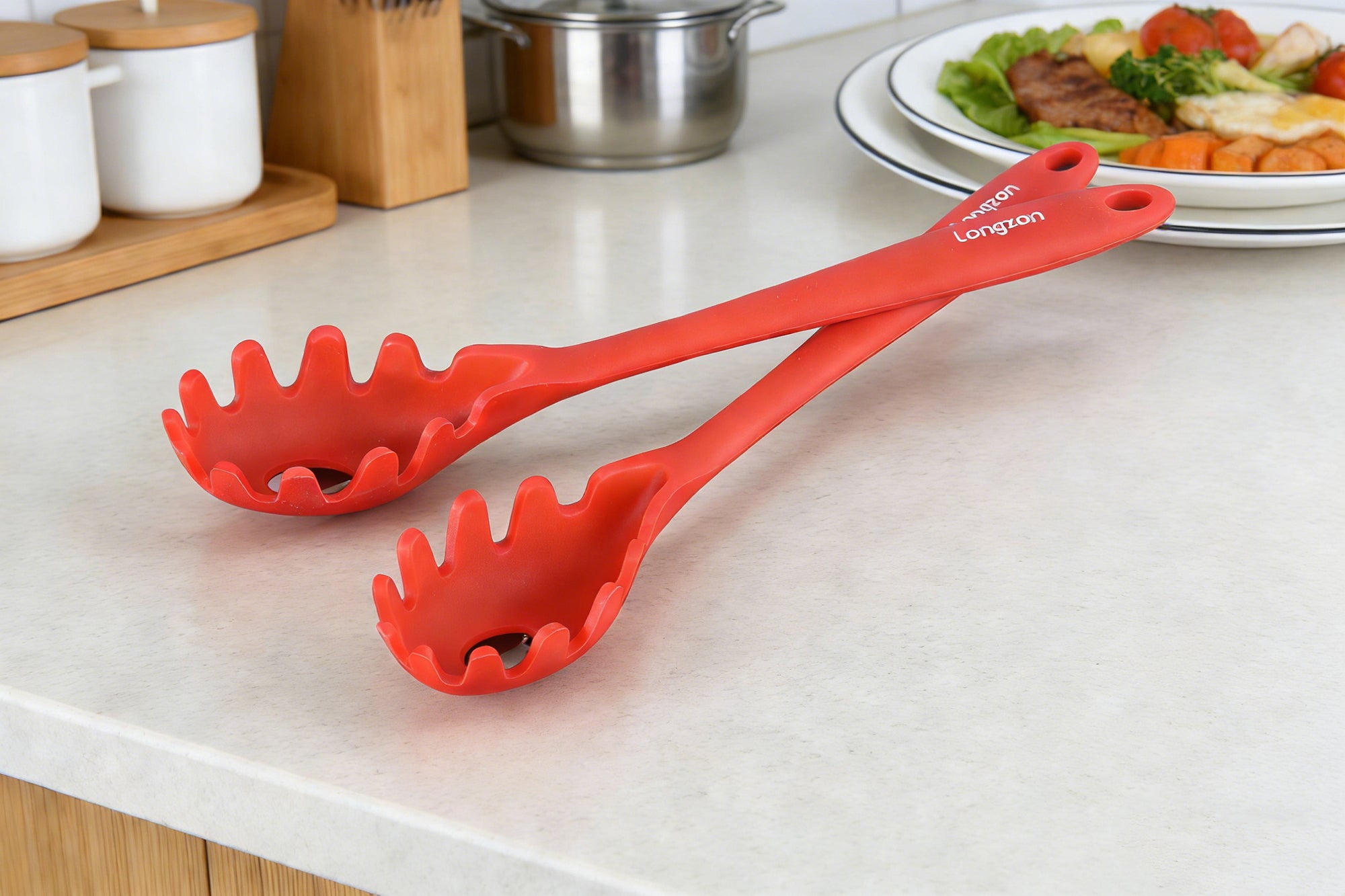 Longzon Silicone Spaghetti Server, Heat Resistant Pasta Fork Spoon with Long Handle, Non-Stick Food Grade Noodle Strainer for Kitchen Cooking and Serving, BPA-Free Kitchen Utensil, Dishwasher Safe