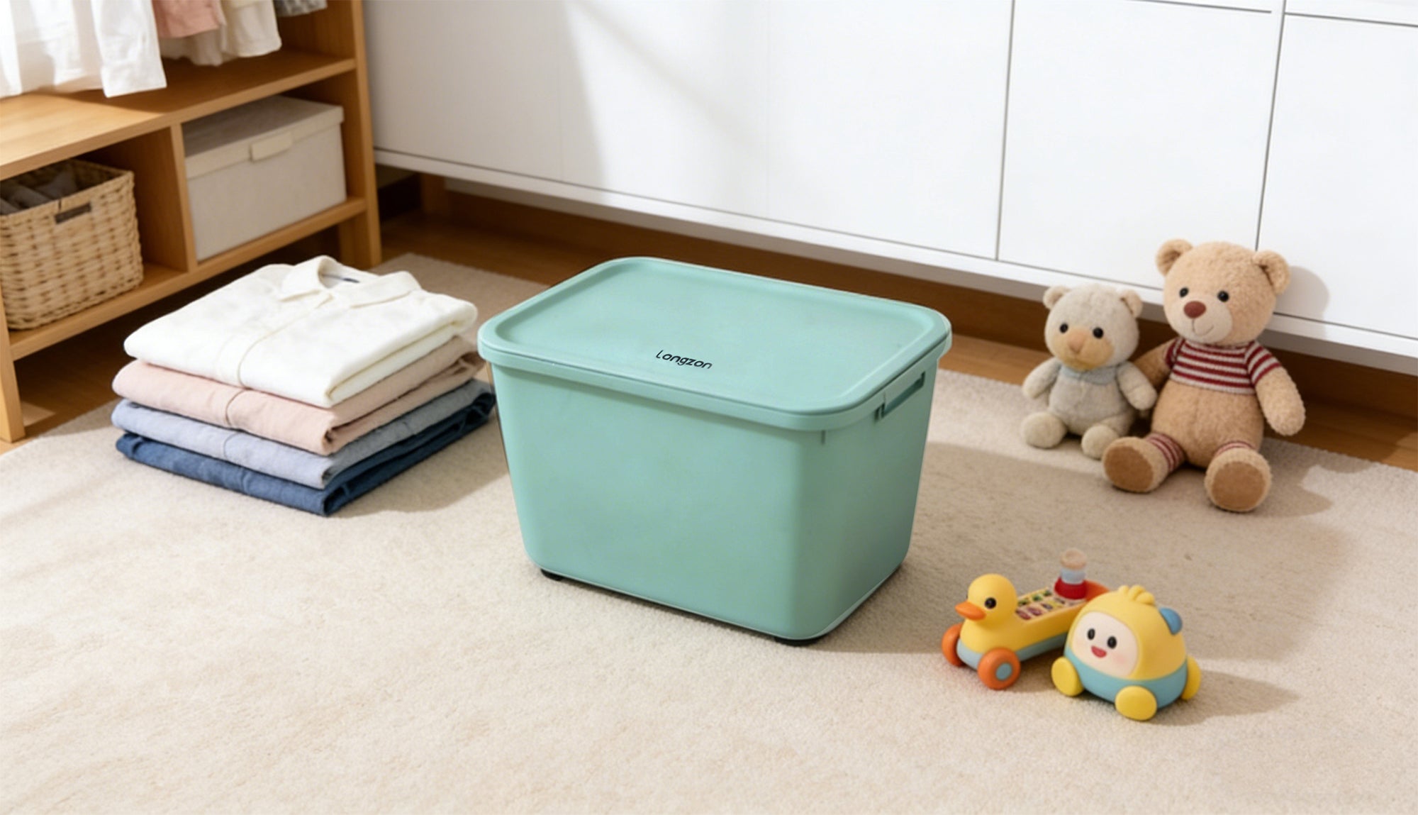 Longzon Stackable Home Storage Bins with Lids, Plastic Organizing Baskets with Handles, Cream White Storage Boxes for Closet, Shelves, Bathroom, Kitchen Pantry and Toy Organization