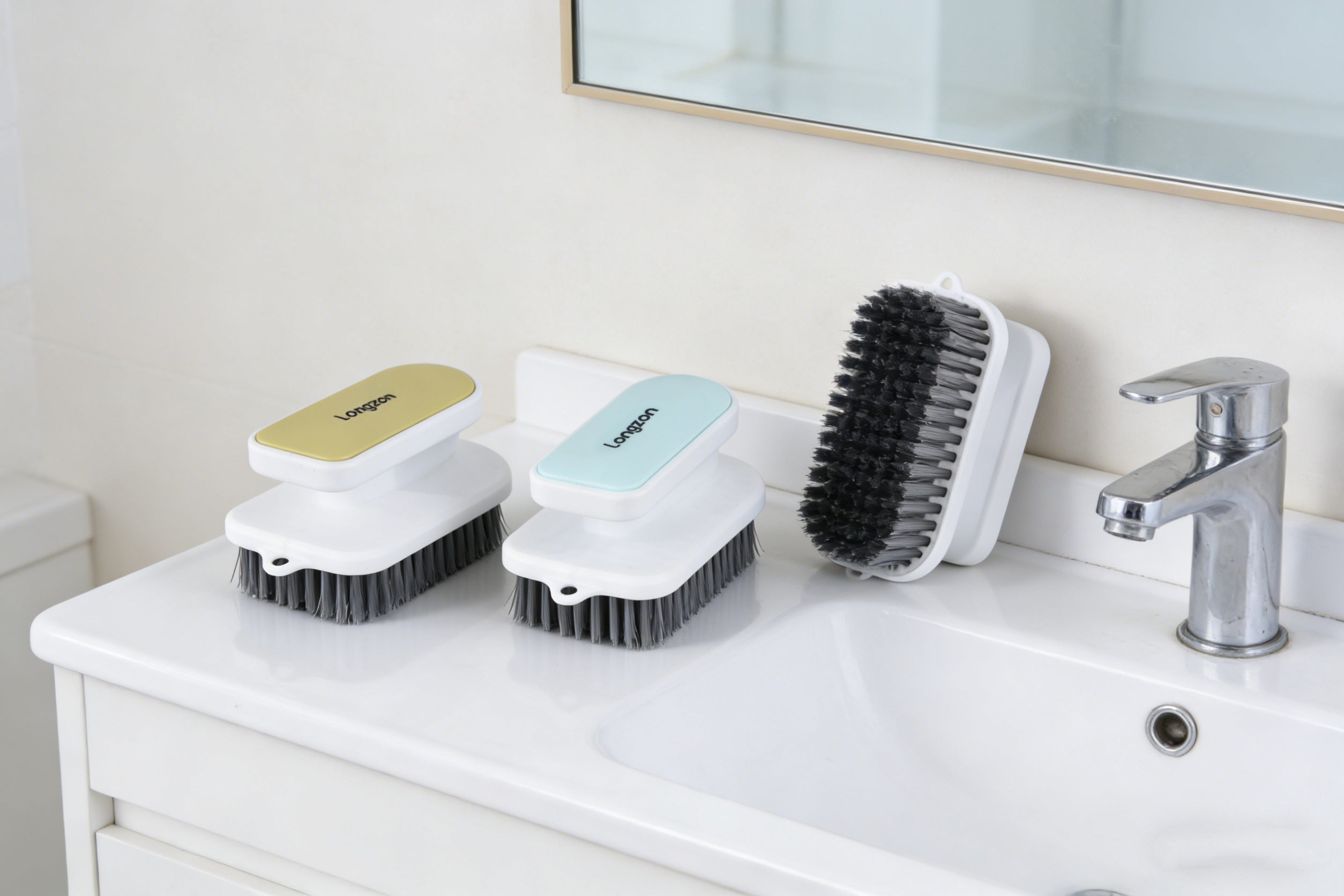 Longzon Soft Bristle Scrub Brush Set, Multi-Purpose Cleaning Brush for Shoes,Clothes,Laundry,Bathroom,Shower,Carpet,Household Scrubbing Brushes with Ergonomic Handle