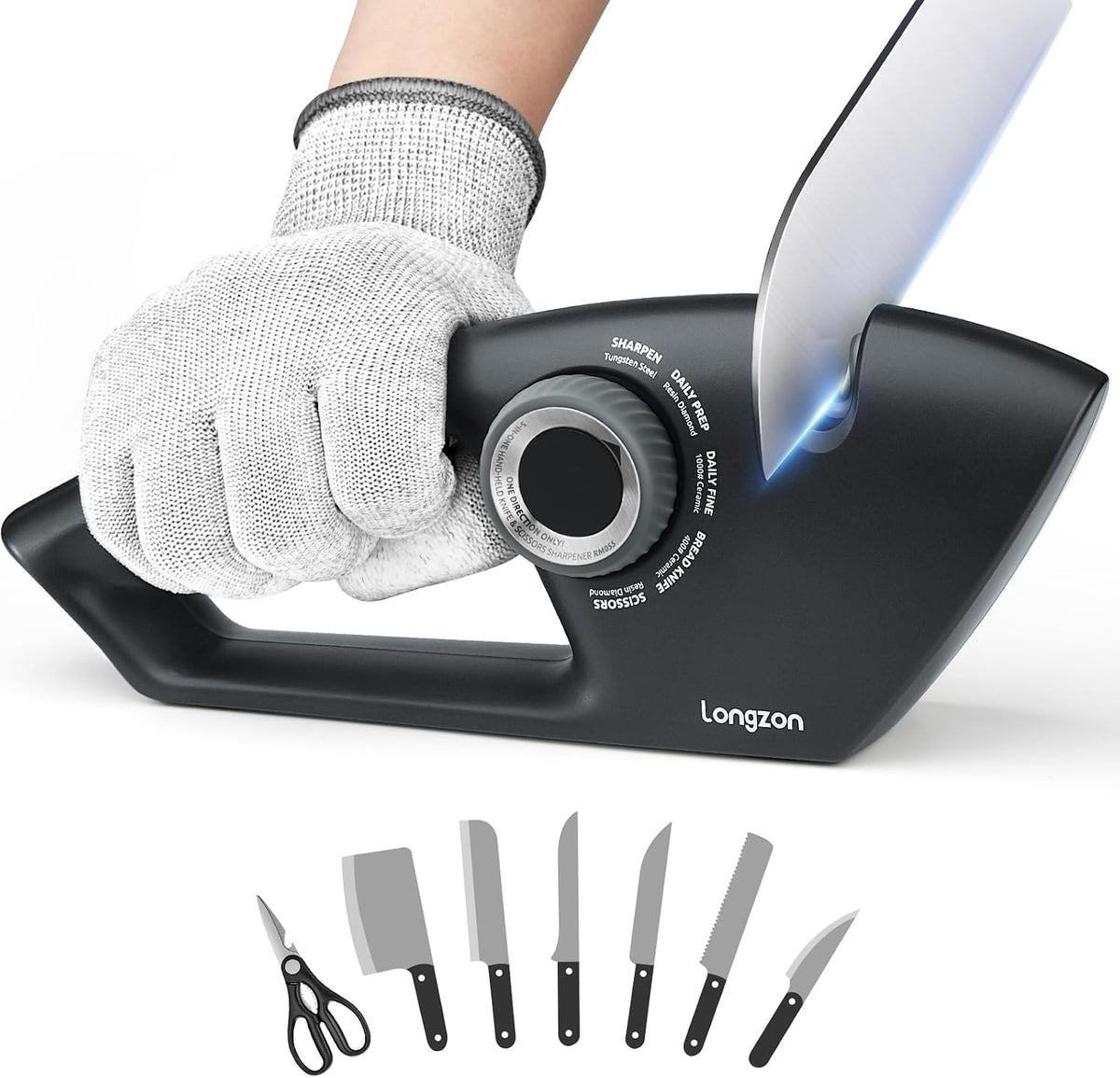 Longzon Afilador de Cuchillos Profesional 5 en 1 - Manual para Cocina, Knife Sharpener