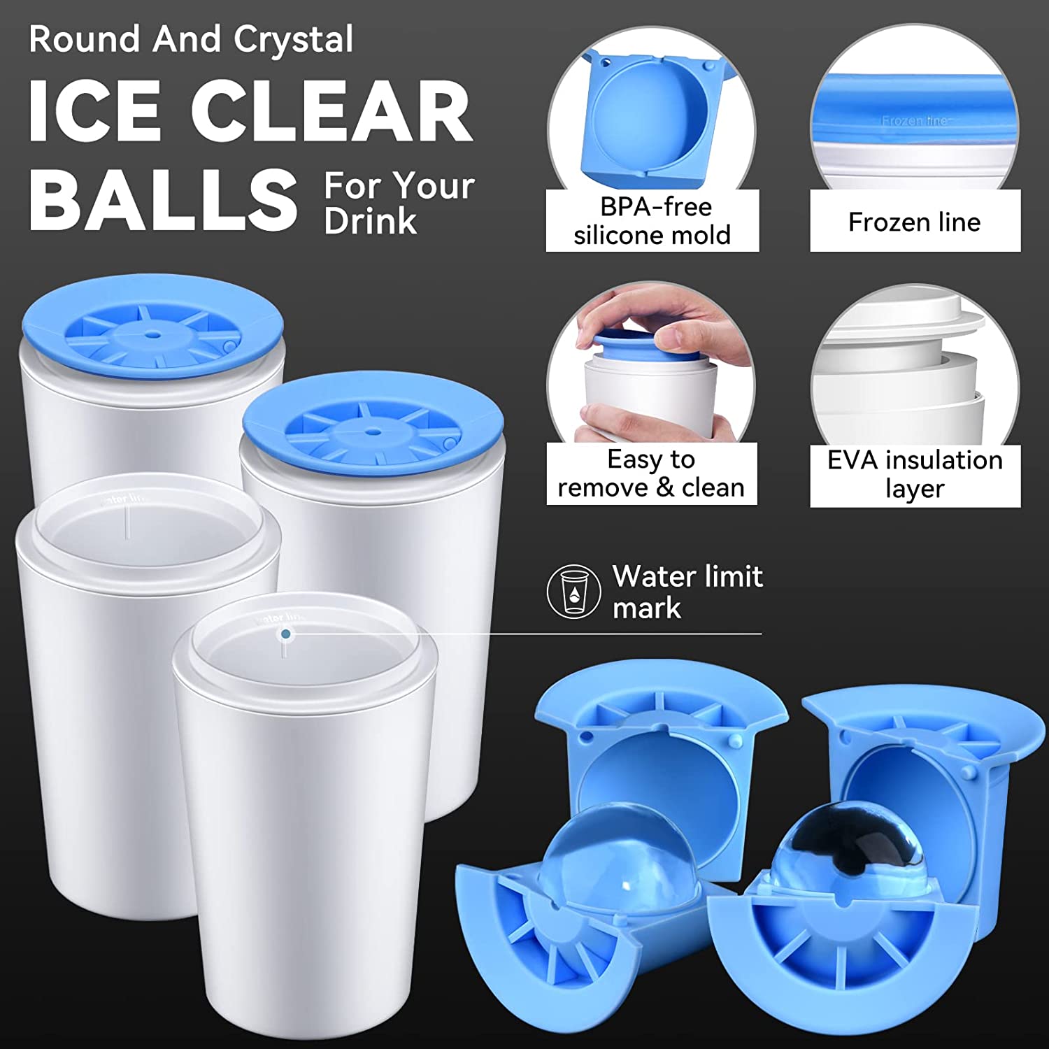 2023 New improved longzon 4 Pack Crystal Clear Ice Ball Maker Mold