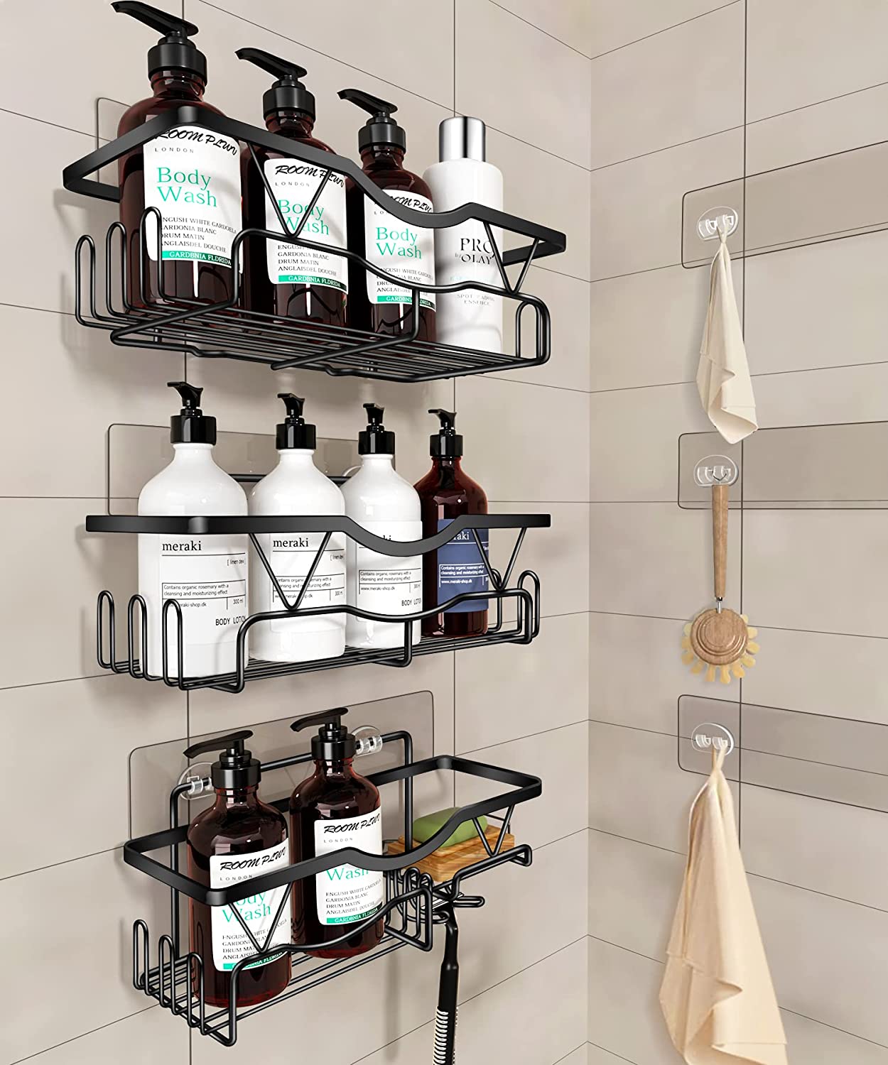 Kincmax Shower Caddy Basket Shelf With Hooks Organizer Wall Mounted Black  for sale online