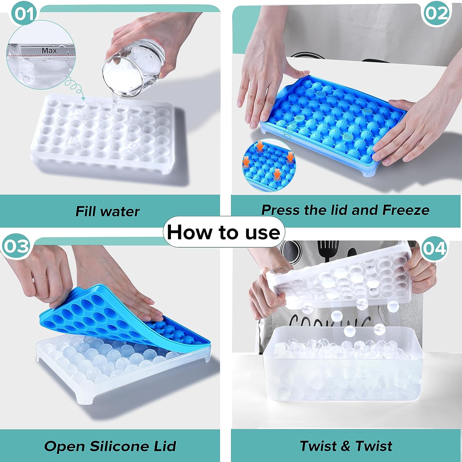 longzon Mini Round Ice Cube Tray with Lid and Bin, 2 pack Silicone Ice Cube Trays for Freezer