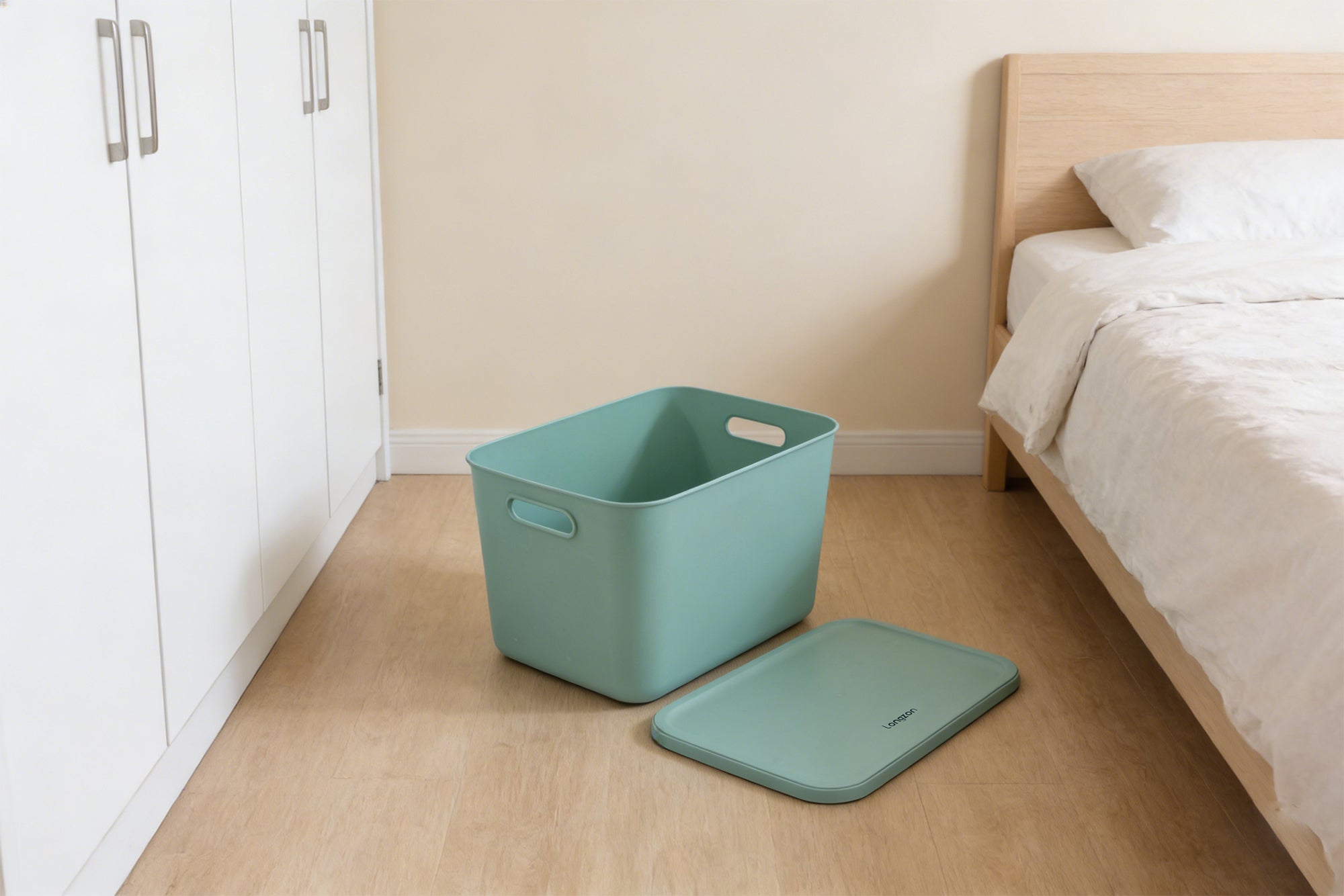 Longzon Stackable Home Storage Bins with Lids, Plastic Organizing Baskets with Handles, Cream White Storage Boxes for Closet, Shelves, Bathroom, Kitchen Pantry and Toy Organization