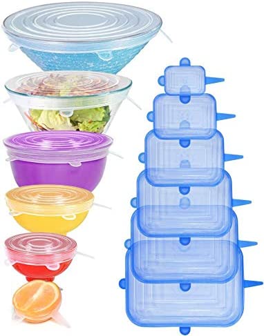 [12pack] Longzon Silicone Stretch Lids 6 Clear Round 6 Blue Rectangle