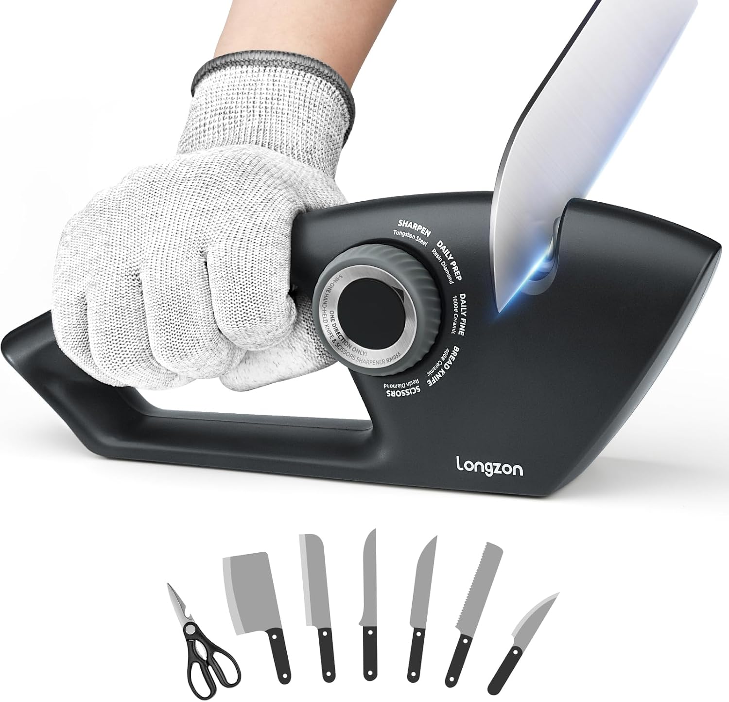 longzon Knife Sharpener 6-in-1 Manual Sharpening Tool with Cut-Resistant Glove, for Kitchen Knives, Serrated Knives, Scissors, and Pocket Knives ¨C Safe and Easy to Use