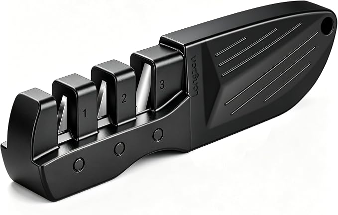 longzon Affilacoltelli Professionale da Cucina, Mini 3 in 1 Affila Coltelli Manuale per Coltelli Dritti, Sicuro e Facile da Usare - Nero