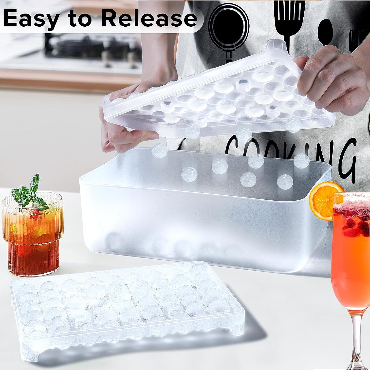 longzon Mini Round Ice Cube Tray with Lid and Bin, 2 pack Silicone Ice