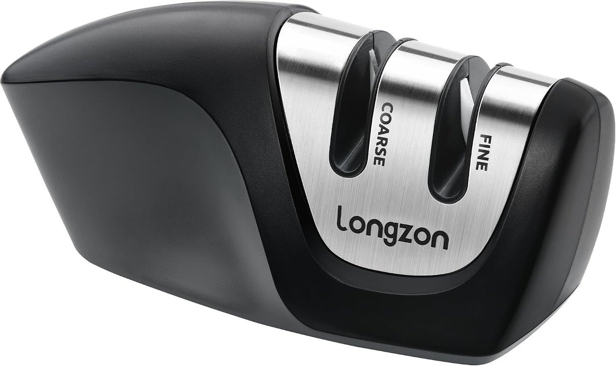 longzon 2-Stage Magnetic Knife Sharpener, Stable Magnetic Non-Slip Base, Coarse & Fine Sharpeners, Compact for Easy Storage, Soft Grip Rubber Handle, Straight Knives & Serrated Knives(Black+Grey)