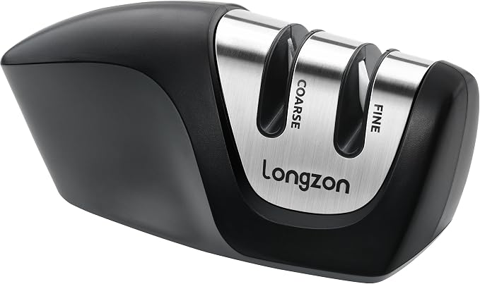 longzon Affilacoltelli Magnetico a 2 Fasi, Base Magnetica Stabile e Antiscivolo, Affilatori a Grana Grossa e Fine, Compatto Salvaspazio per Coltelli a Lama Liscia e Seghettata - Nero+Grigio