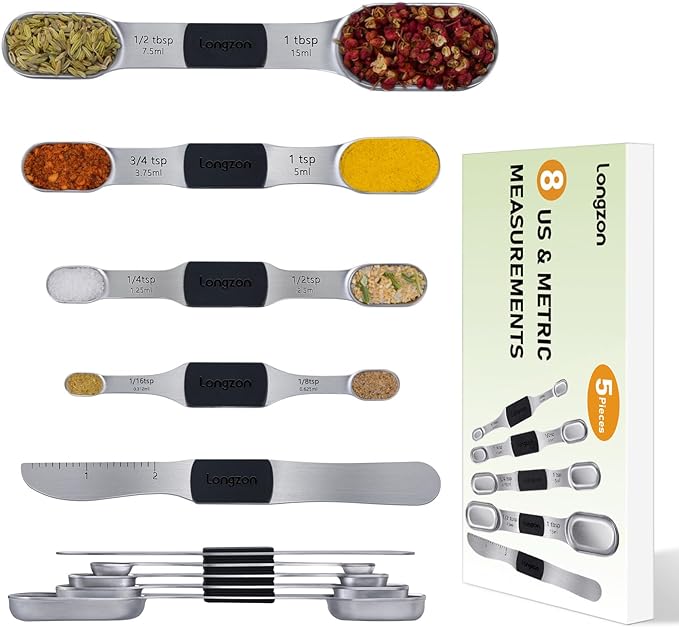 [2024 NEW] longzon 8 Full-Sized Measurements Magnetic Measuring Spoon Set with Leveler - Durable Engraved Markings