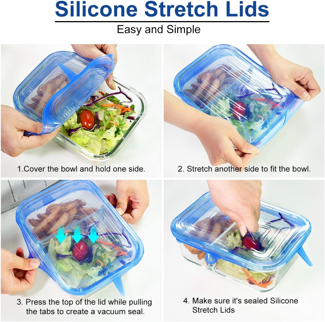 [12pack] Longzon Silicone Stretch Lids 6 Clear Round 6 Blue Rectangle