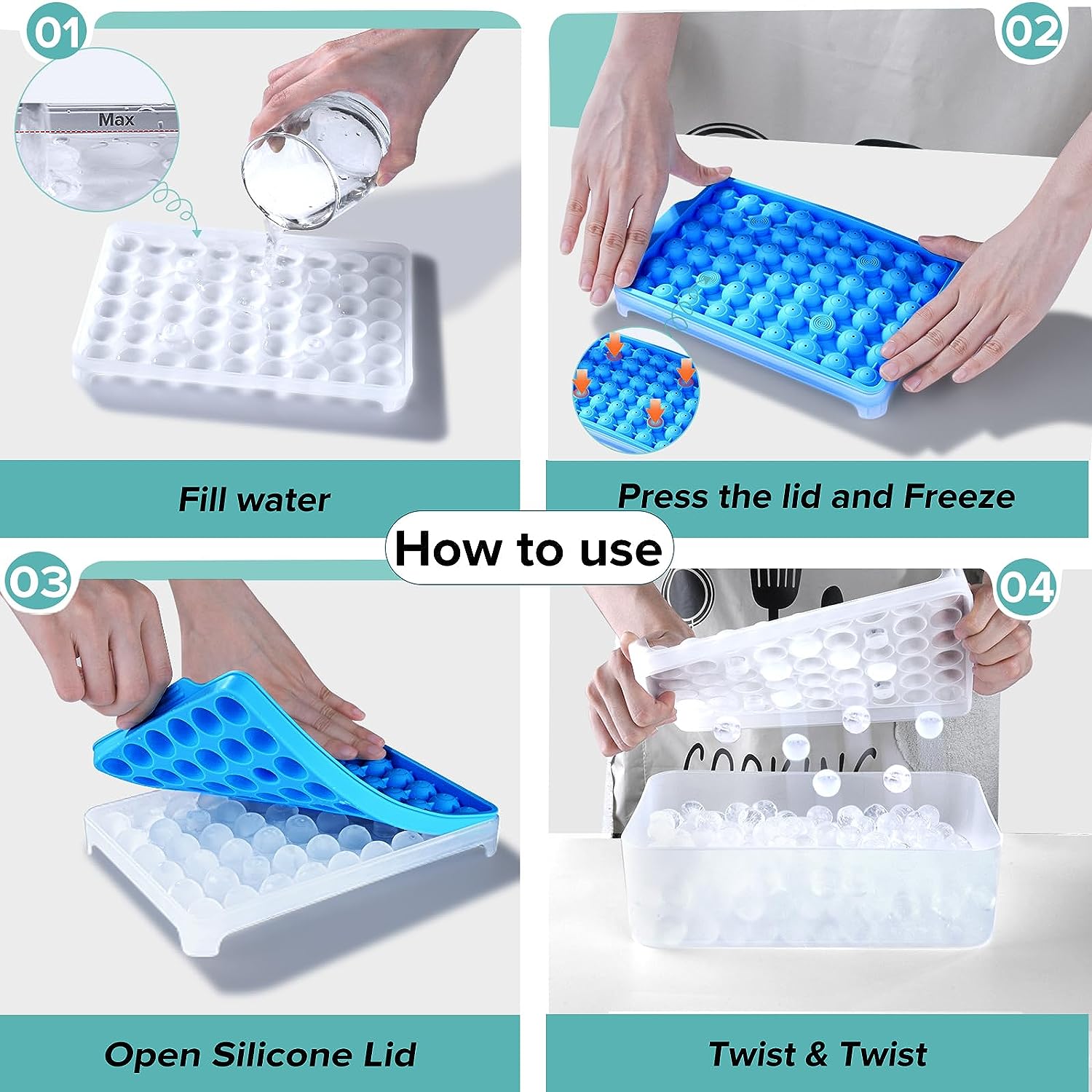 longzon Mini Round Ice Cube Tray with Lid and Bin,3 pack Silicone Ice Cube  Trays for Freezer