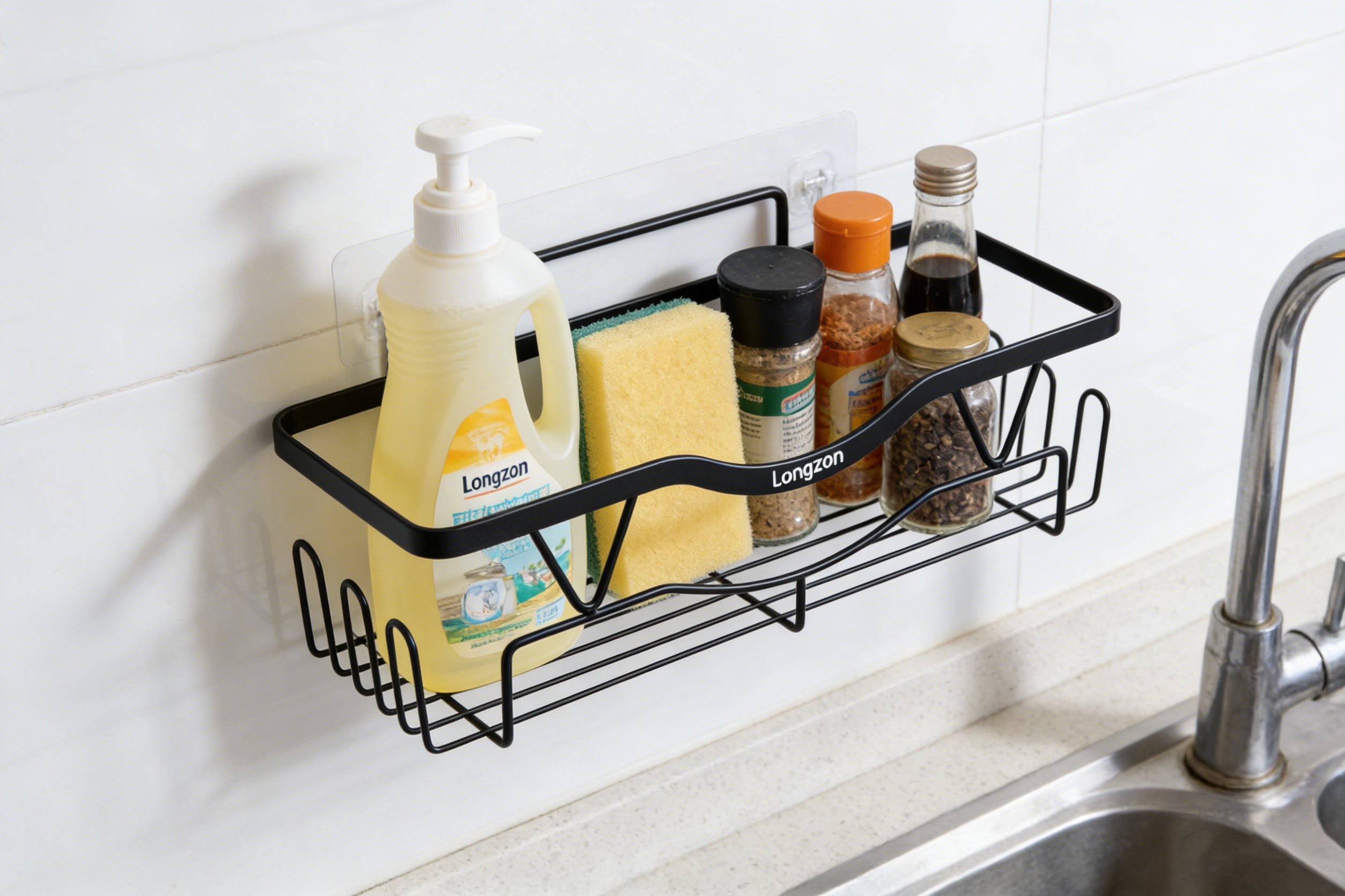Longzon Sink Caddy Sponge Holder, Stainless Steel Kitchen Sink Organizer, Compact Dish Soap Drainer Rack with Removable Drip Tray, Rustproof Countertop Storage for Sponges and Brushes