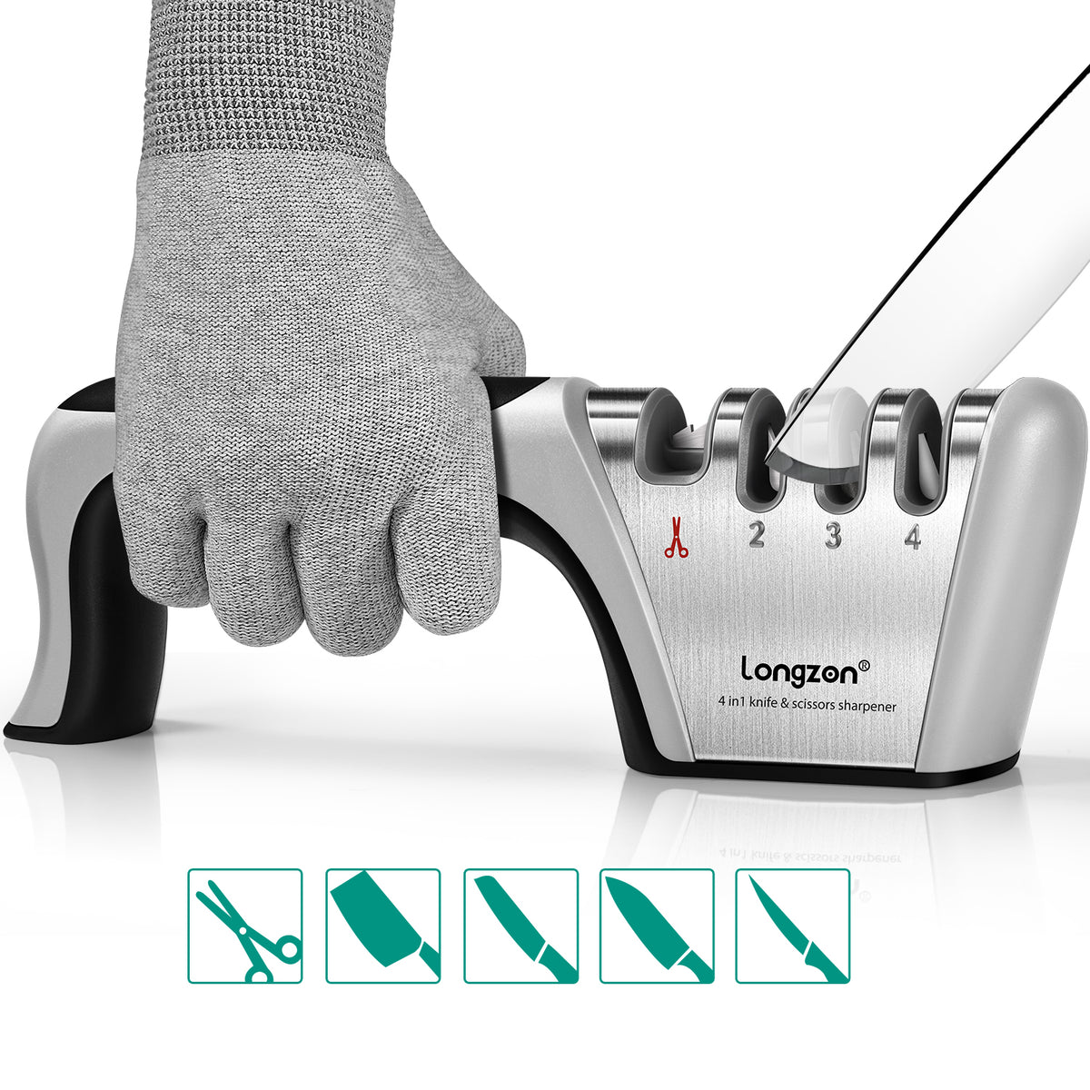 4-in-1 longzon [4 stage] Knife Sharpener with a Pair of Cut-Resistant  Glove, Original Premium Polish Blades, Best Kitchen Knife Sharpener Really  Works